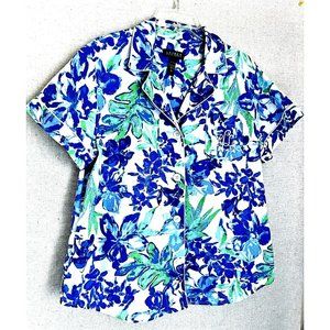 Lauren Ralph Women Pajama P J Top Floral Blue Iris Sleepwear Size XL Short Slvs.